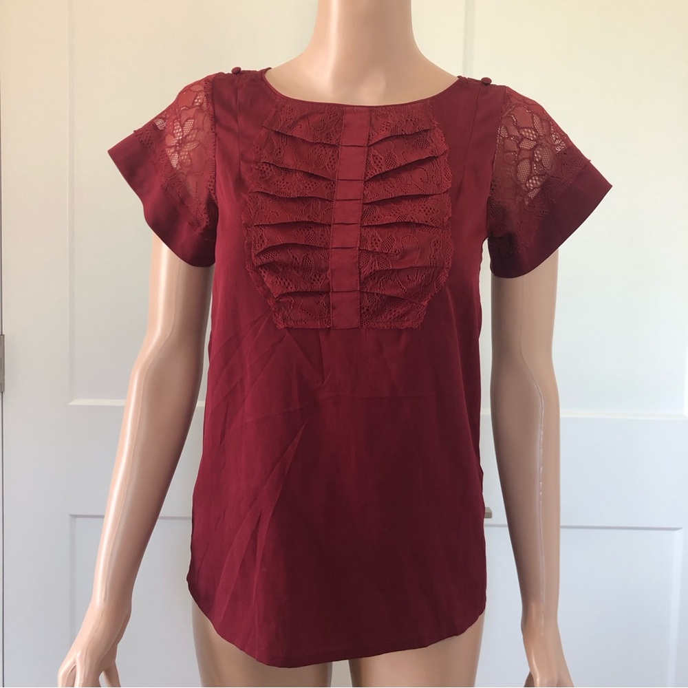ASOS AWear Burgundy Red Short Sleeves Lace Pleated Short Sleeves Top Eur34 US XS